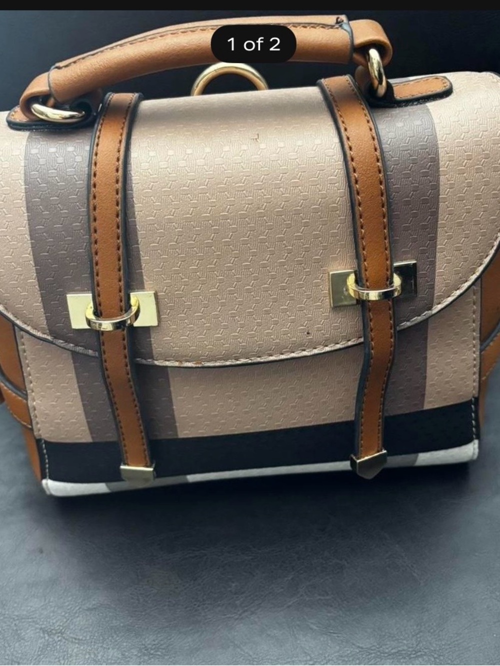 Structured Taupe and Tan Satchel Handbag